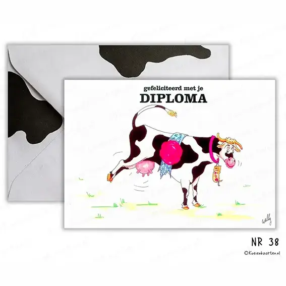38 gefeliciteerd met je diploma koeienkaart particulier wenskaart koe cartoon kaart