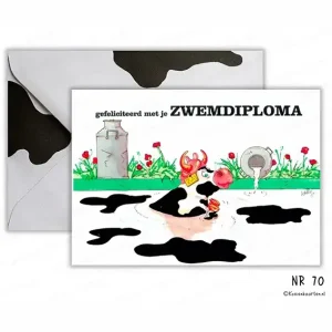 70 gefeliciteerd met je zwemdiploma koeienkaart particulier wenskaart koe cartoon kaart