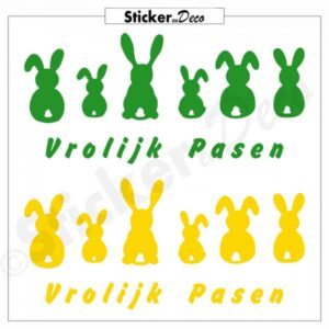 Paashaas op een rij kleur 2 herbruikbare raamsticker Groen en Geel