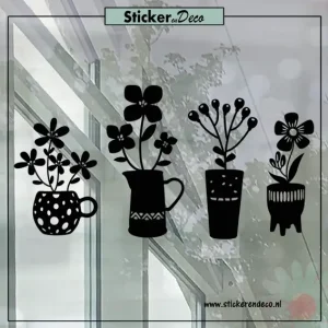 Raamsticker hippe bloemen set van 4 zwart