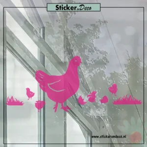 Raamsticker pasen lente dieren kip met kuikens T roze