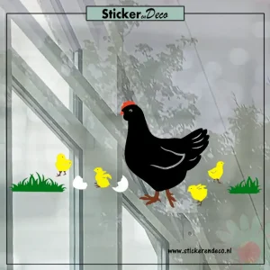 Raamsticker pasen lente dieren kip met kuikens full color zwart